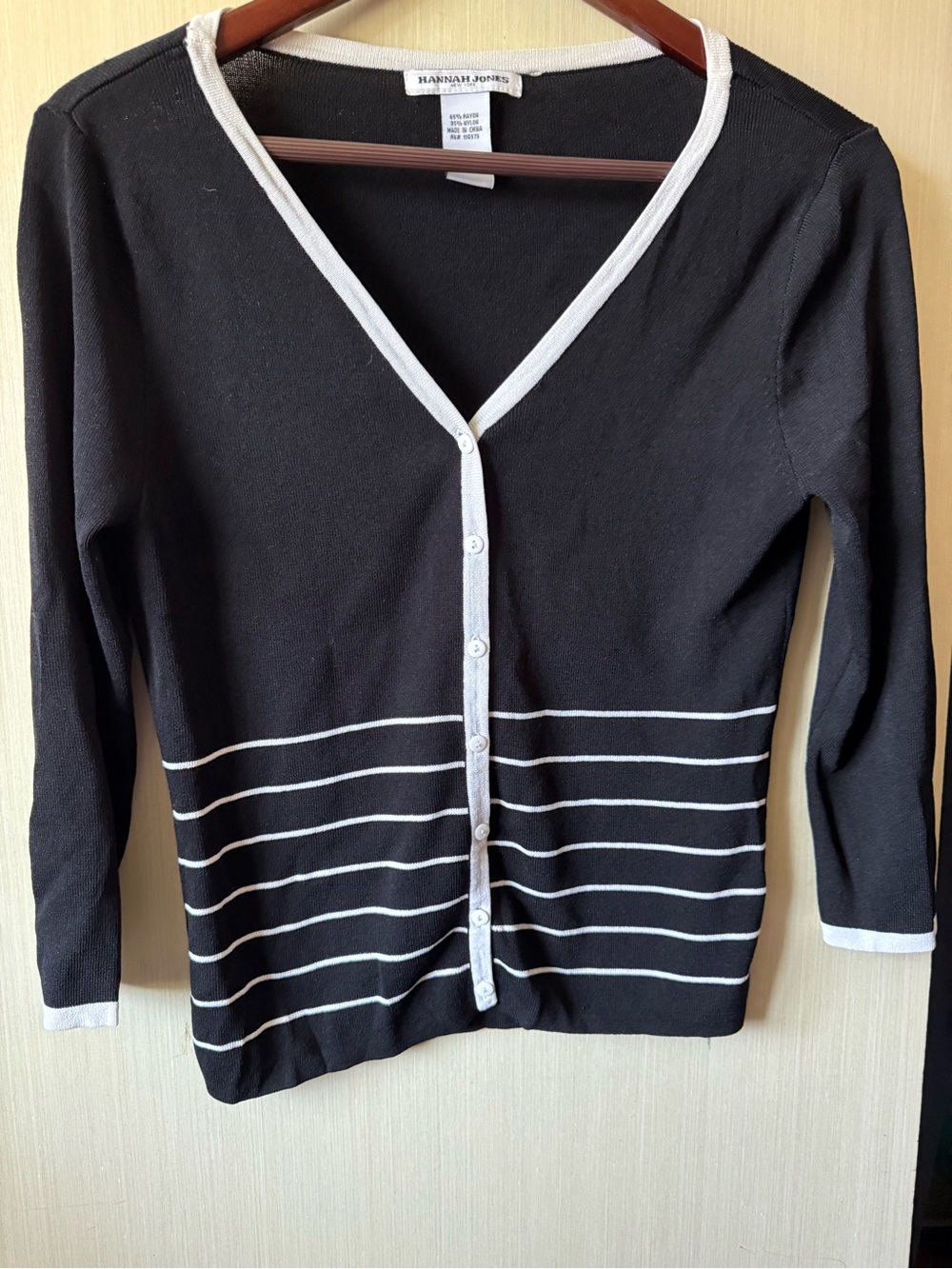Hannah Jones Black Cardigan with White Trim and Stripes